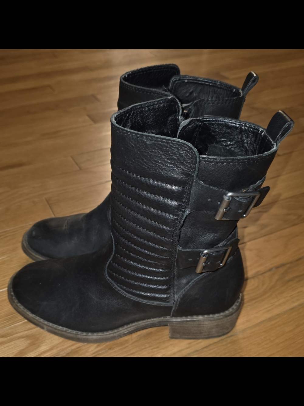 VINTAGE Y2K Lucky Brand Black Moto Buckle Boots COMBAT MILITARY SIZE 7.5 NICE